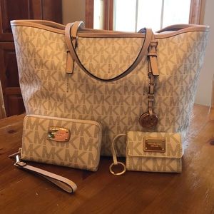 Michael Kore vanilla tote wallet keychain bundle